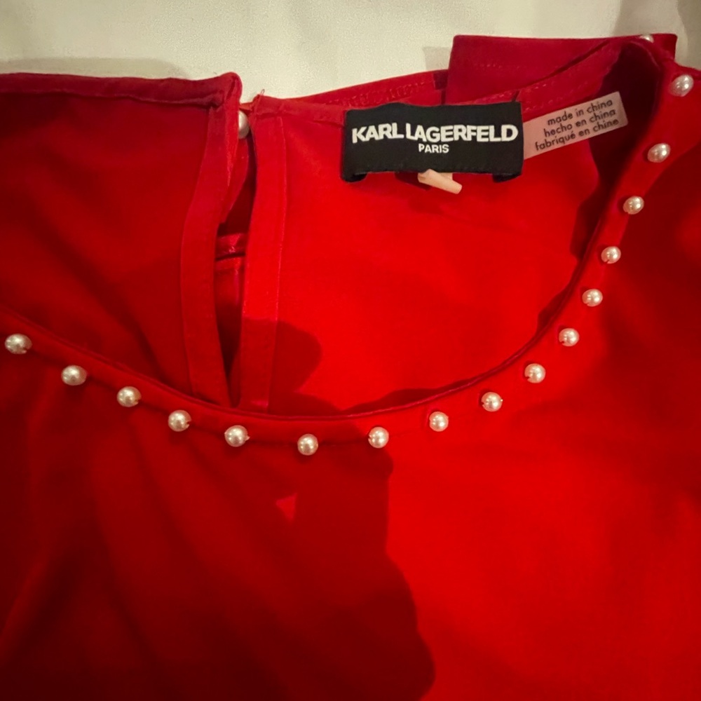 Karl Lagerfeld Red 3/4 Sleeve Pearl Embellished Top - Picture 5 of 6